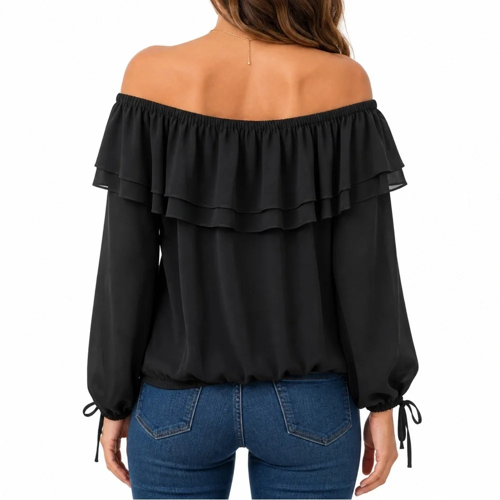 Michael Kors Black Off Shoulder Ruffle Blouse Boho Peasant Top L
